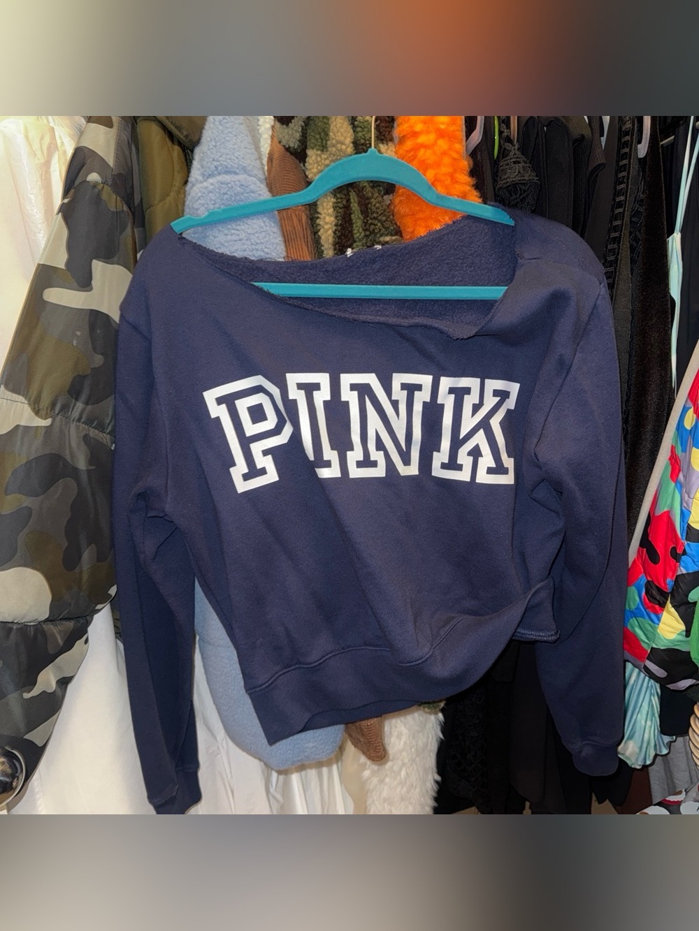 PINK Victoria's Secret Navy Cropped Crewneck Sweatshirt with White Lettering